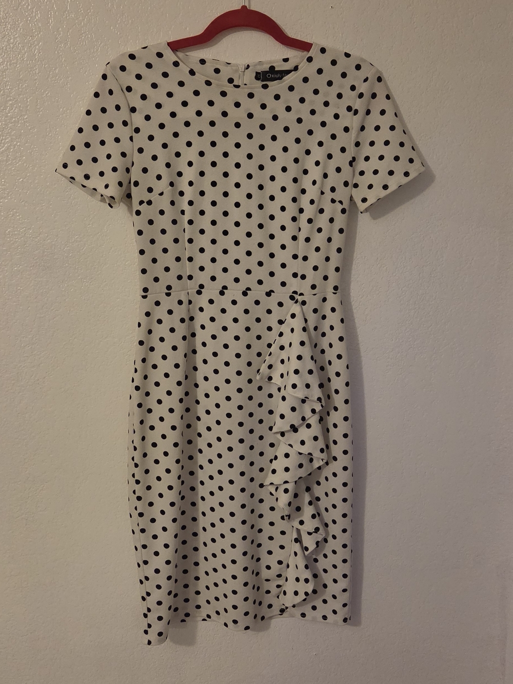 Polka Dot Midi Dress with Side Ruffle - White/Black